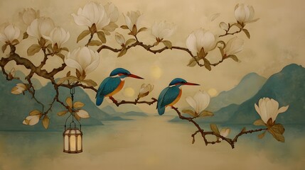 Elegant floral artwork with birds perched on branches over a lake serene