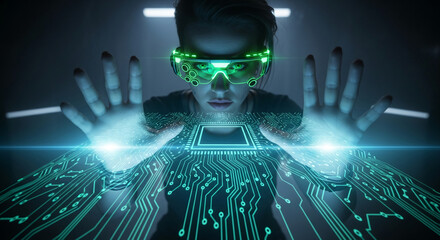 Person with futuristic glowing eyewear reaching towards a circuit board projection, representing virtual reality, technology, and digital interface