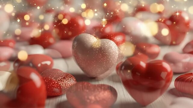 A beautiful array of heart-shaped objects in various shades of red, pink, and white are artfully scattered across a light-toned surface. Some hearts possess a smooth, glossy finish, reflecting soft li