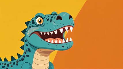 Vibrant animated cartoon dinosaur (T-Rex) roaring with wide-open mouth and sharp teeth on a bright yellow and orange background, ideal for kids' education and sales promotions. - Powered by Adobe