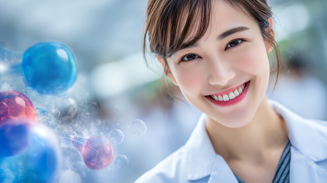 A cheerful female scientist smiles with colorful molecules in the background, representing innovation and research in modern science.