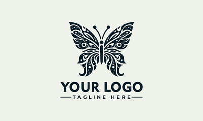 Elegant ornate butterfly vector logo template illustration with intricate decorative patterns for branding and and creative graphic design projects