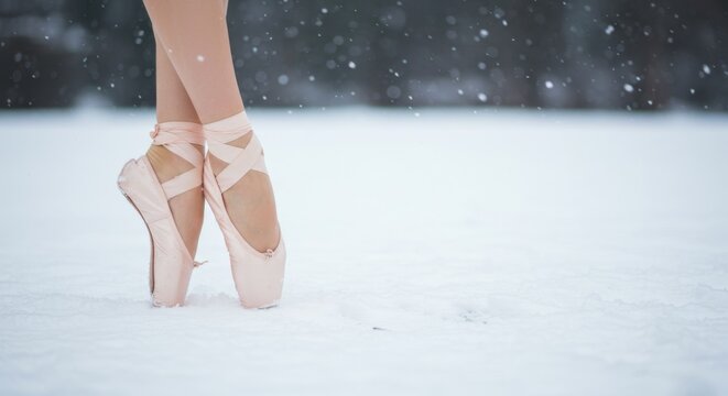Ballet dancer standing en pointe on fresh winter snow