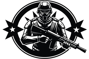Modern soldier silhouette with rifle and stars emblem