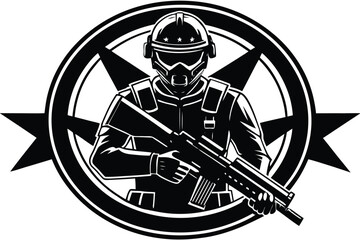 Aggressive soldier holding rifle in circular emblem silhouette