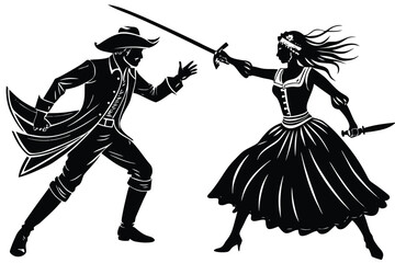 Man and woman sword fighting silhouette