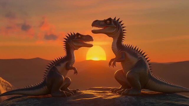 Dramatic CGI shot of two fierce, stylized dinosaurs interacting on a hilltop against a fiery prehistoric sunset, ideal for nature documentaries and animation concepts.