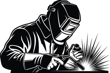 ndustrial welder working with protective gear creating bright sparks in workshop, skilled craftsmanship, metal fabrication, safety equipment illustration artwork