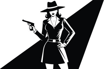 Retro woman with gun silhouette in dramatic lighting