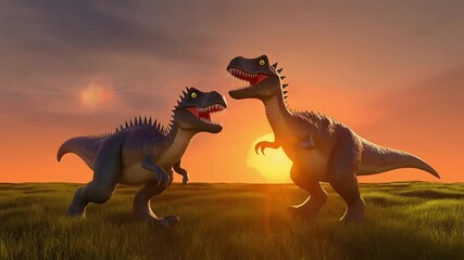 Two fierce CGI predator dinosaurs roaring aggressively in a lush green field under a vivid golden orange sunset, excellent for educational video games and animated media. - Powered by Adobe