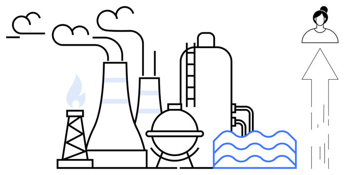 Factory structures emitting gases, cooling towers, water elements, person icon with upward arrow. Ideal for energy, industry, environment, pollution sustainability growth transformation. Simple