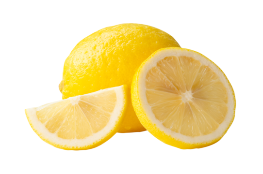 Front view of ripe yellow lemon fruit with slices in circle and quarter shape in stack isolated with clipping path in png file format