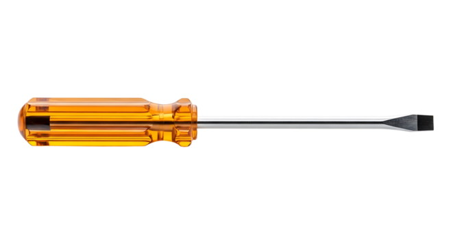 Flathead screwdriver isolated on transparent background for tightening or loosening screws in electronics, woodworking, and general repairs