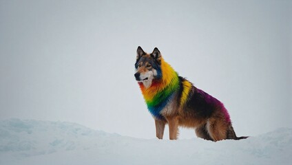 A wolf with rainbow-coloresd fur in a winter scenery.