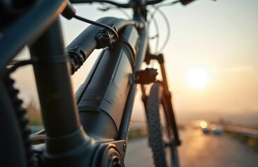 Fototapeta premium Close up focus on ebike during sunset. Modern transport bike standing on road. Sport bicycle, active lifestyle, eco urban transportation, cycle concept. Outdoors workout equipment. Bike frame, wheels