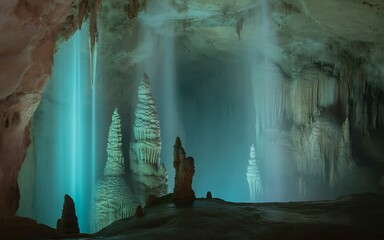 The magical cave with waterfall and stalagmites in the dark light
