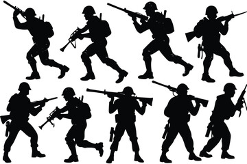 Collection of soldier silhouettes in action poses with rifles silhouette