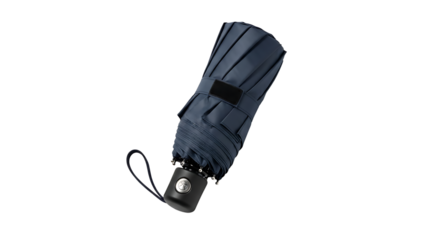 Compact folded navy blue umbrella, ideal for travel and protection from rain, isolated on transparent background