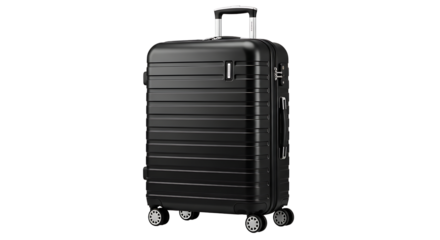 Black suitcase with wheels isolated on transparent background, ideal for travel, business trip, or vacation, providing convenience and style on the move