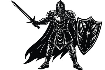 Medieval knight warrior silhouette with sword and shield