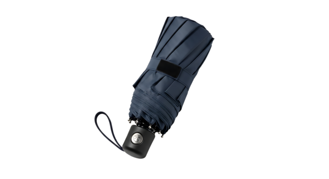 Compact folded navy blue umbrella, ideal for travel and protection from rain, isolated on transparent background