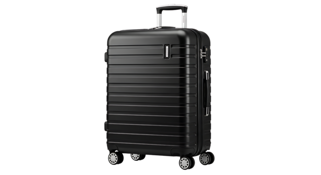Black suitcase with wheels isolated on transparent background, ideal for travel, business trip, or vacation, providing convenience and style on the move