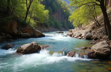 Mountain river with clear turquoise water flows over rocks. Small cascades create white foam in stream. Green trees line rocky banks of deep canyon. Bright sunlight brightens wild nature scene.