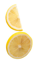 Front view set of ripe yellow lemon fruit in slices in circle and quarter shape isolated on white background with clipping path