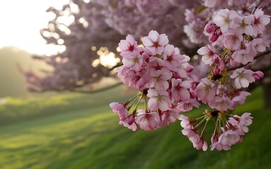 Beautiful cherry blossom branch with pink flowers in spring