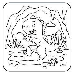 Cute Dinosaur Coloring Page – Kawaii Dino Exploring a Crystal Cave for Kids