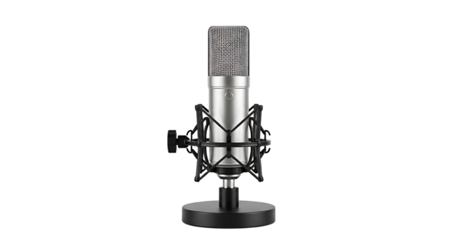 Studio condenser microphone isolated on transparent background, capturing pristine audio for recording vocals, instruments, and podcasts with clarity