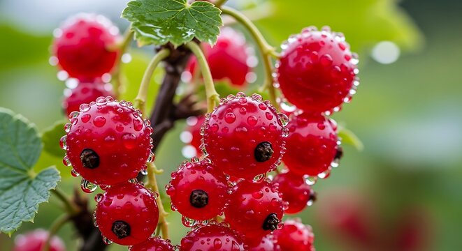 Ripe red currants with water droplets on a branch after rain.