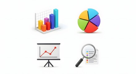 Data analysis icons collection charts, graphs, documents, search.