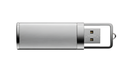 Silver usb flash drive isolated on transparent background for data storage and transfer, a portable device for computer and laptop