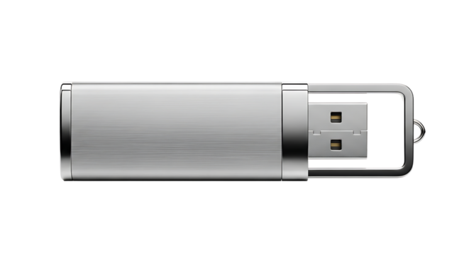 Silver usb flash drive isolated on transparent background for data storage and transfer, a portable device for computer and laptop