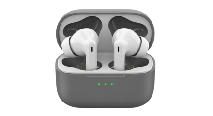 Wireless earbuds in charging case, isolated on transparent background the earbuds are white and the case is gray with green lights