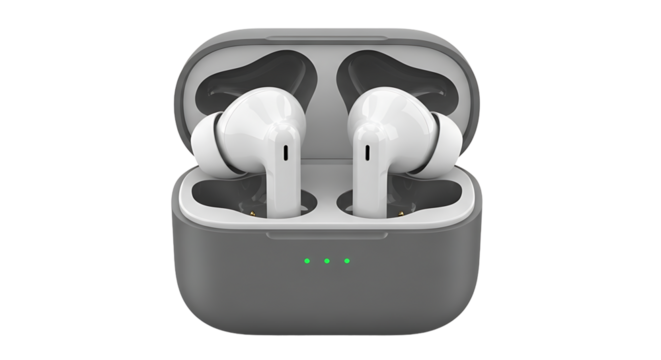 Wireless earbuds in charging case, isolated on transparent background the earbuds are white and the case is gray with green lights