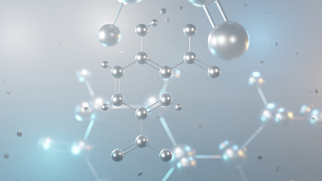 2.4-dinitrophenol molecular structure, 3d model molecule, pesticide structural chemical formula view from a microscope