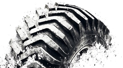 Monochrome artistic representation of a heavy-duty tire with a grunge aesthetic