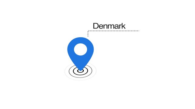 Denmark location marker animation on transparent background. Denmark map label with location pin symbol. Denmark map with destination location concept
