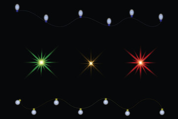 Festive string lights and colorful starbursts on a dark background