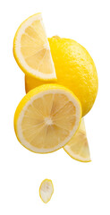 Fototapeta premium Front view set of ripe yellow lemon fruit with slices in circle and quarters shape and peel in stack isolated on white background with clipping path