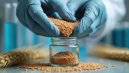 Scientist analyzes wheat grains in laboratory setting. Researcher examines cereal seeds with protective gloves. Focus on agricultural biotechnology research, quality control processes. Exploring food