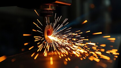 workpiece. Close-up view of metal cutting with flying sparks, capturing industrial energy and dynamic lighting. safety posters.