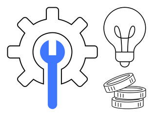Large gear and wrench for engineering, a light bulb for ideas or innovation, and stacked coins for finance. Ideal for business, industry, solutions, creativity, economy repair progress. Simple flat