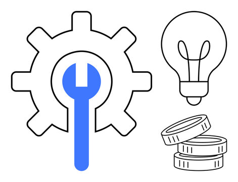 Large gear and wrench for engineering, a light bulb for ideas or innovation, and stacked coins for finance. Ideal for business, industry, solutions, creativity, economy repair progress. Simple flat