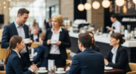 Blurred image of a corporate café with professionals conversing over coffee during a business seminar break.