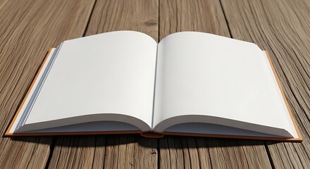 Fototapeta premium Open blank book with empty white pages resting on a rustic wooden table, perfect for storytelling or educational themes