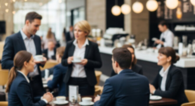 Blurred image of a corporate café with professionals conversing over coffee during a business seminar break.