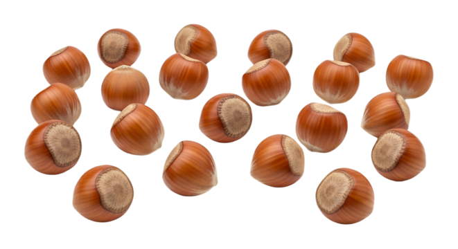 A group of hazelnuts isolated on transparent background, arranged in a visually appealing way, showcasing their natural texture and color